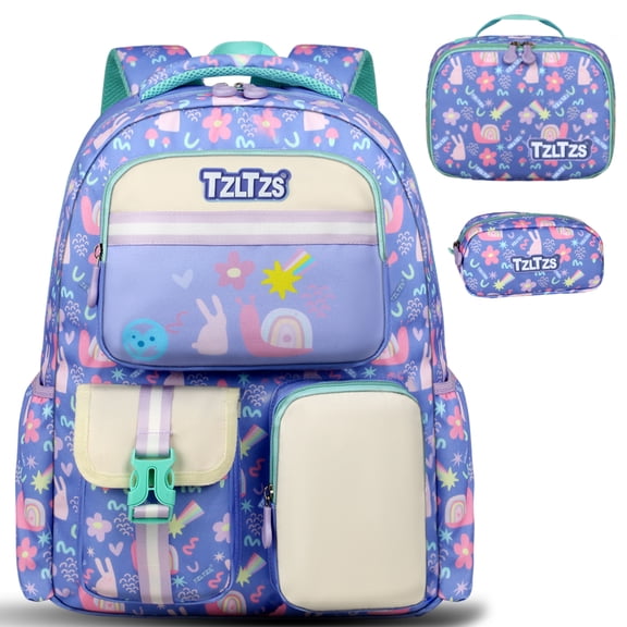 TZLTZS Backpack Set for Girls, 3Pcs School Backpack With Lunch Box and Pencil Case, Girls Elementary school Bag, Cute Cartoon Print Bookbag