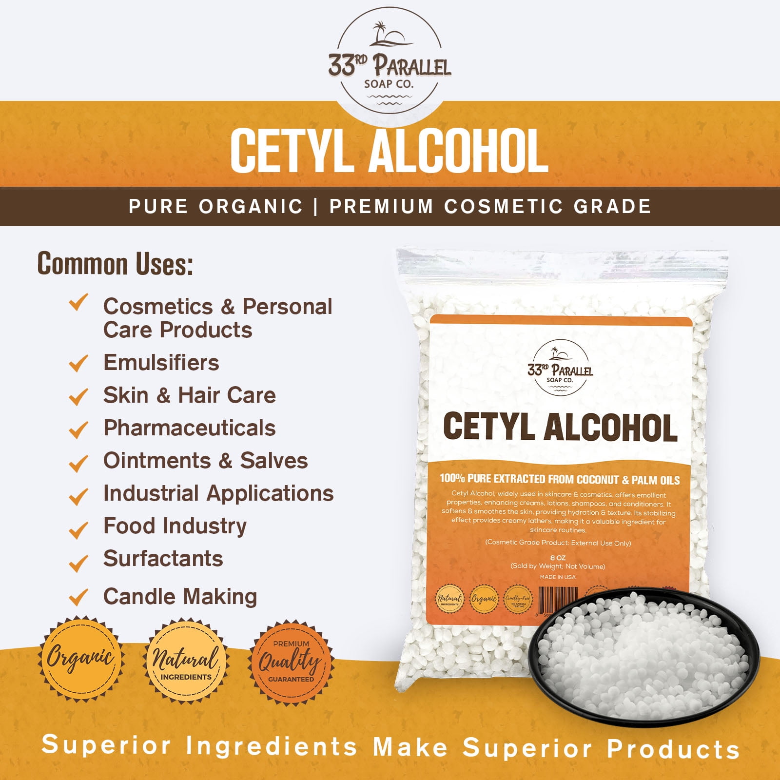 CETYL ALCOHOL ( 32 oz / 2 lbs ) 100% Pure Extracted from Coconut & Palm Oils | 32 Ounces
