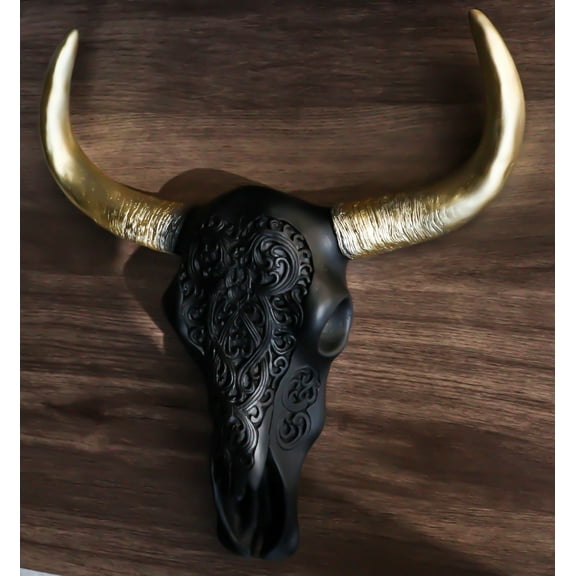 Black And Gold Tribal Floral Tattoo Tooled Filigree Bull Cow Skull Wall Decor