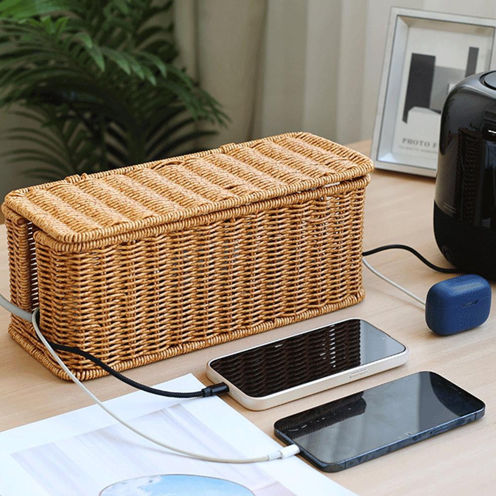 kkiuop Hand-Woven Charging Station Storage Box Cable Management Basket For USB Accessories Data Cables Cables Office Organizer