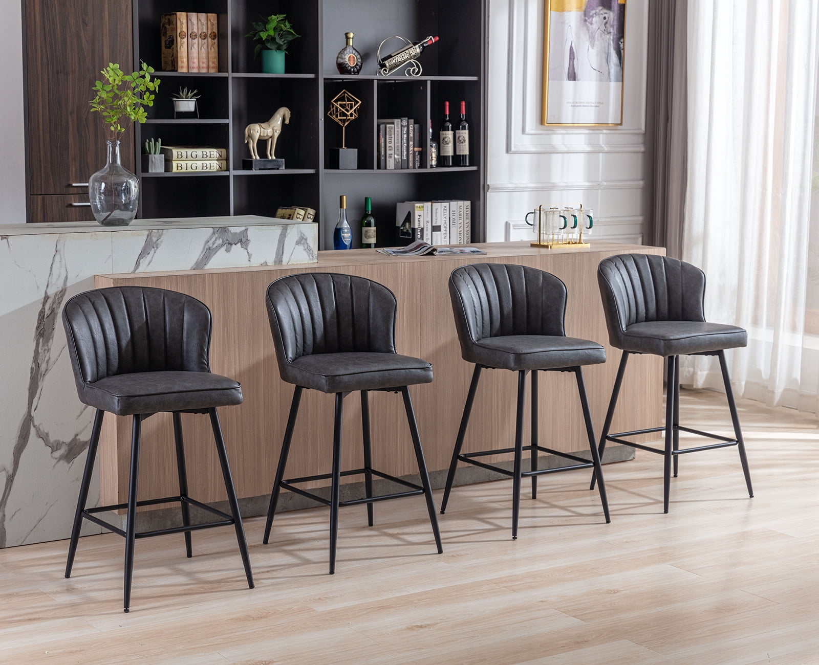 Guyou 26” Counter Height Bar Stools Set of 2, Modern PU Upholstered Kitchen Island Chairs, Barstools with Back and Footrest for Kitchen Island Pub Restaurant, Grey