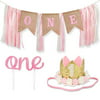 1st Birthday Girl Decorations WITH Crown - 1 Year Old Baby First Birthday Decorations Girl - Princess Theme Cake Smash Party Supplies - ONE High Chair Banner, Cake Topper, No.1 Flower Crown (Upda