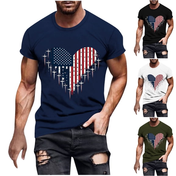 lcziwo Celebration Shirt for Men Lightweight Round Neck Short Sleeve Shirts Big and Tall 250th Stars and Stripes Print Summer T Shirt Army Green XL