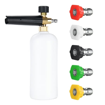 Adjustable Foam Cannon Snow Lance Foam 33 fl. oz (1Liter) Bottle with 1/4'' Quick Connector, 5 Pressure Washer Nozzles for