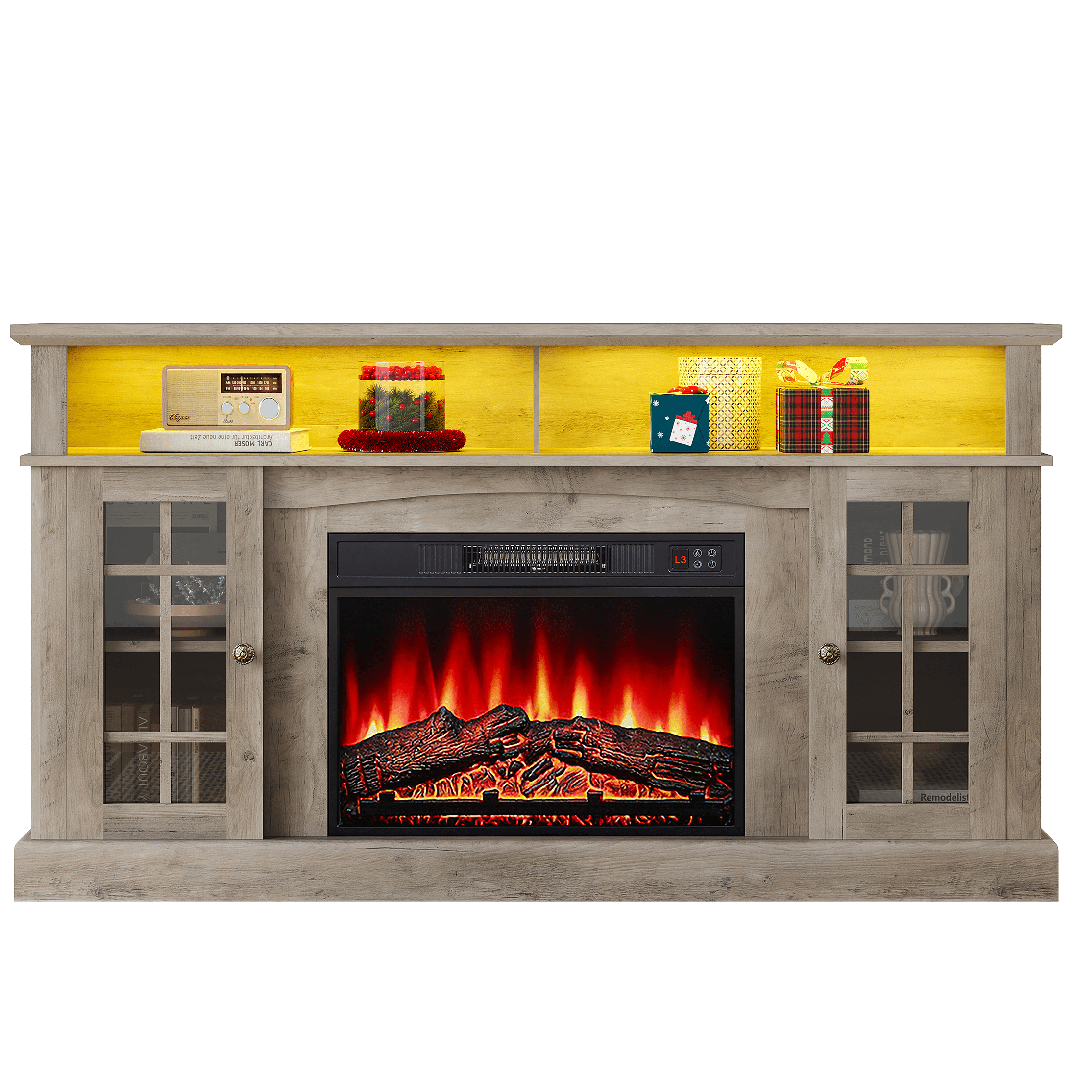 SESSLIFE Fireplace TV Stand for 65 Inch TV, LED TV Console with 23''Electric Fireplace, Entertainment Center Television Table for Living Room or Bedroom, Wash Gray