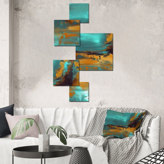 Designart "Teal Balance II" Abstract Painting Metal Wall Art Set