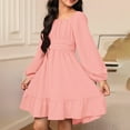 thumbnail image 2 of VNKIDY Girls Dress Kids Elegant Solid Color Long Sleeve Dresses Square Neck Ruched Bodice Flared Skirt For Daily Wear Festive Occasions Casual Dress, 2 of 5