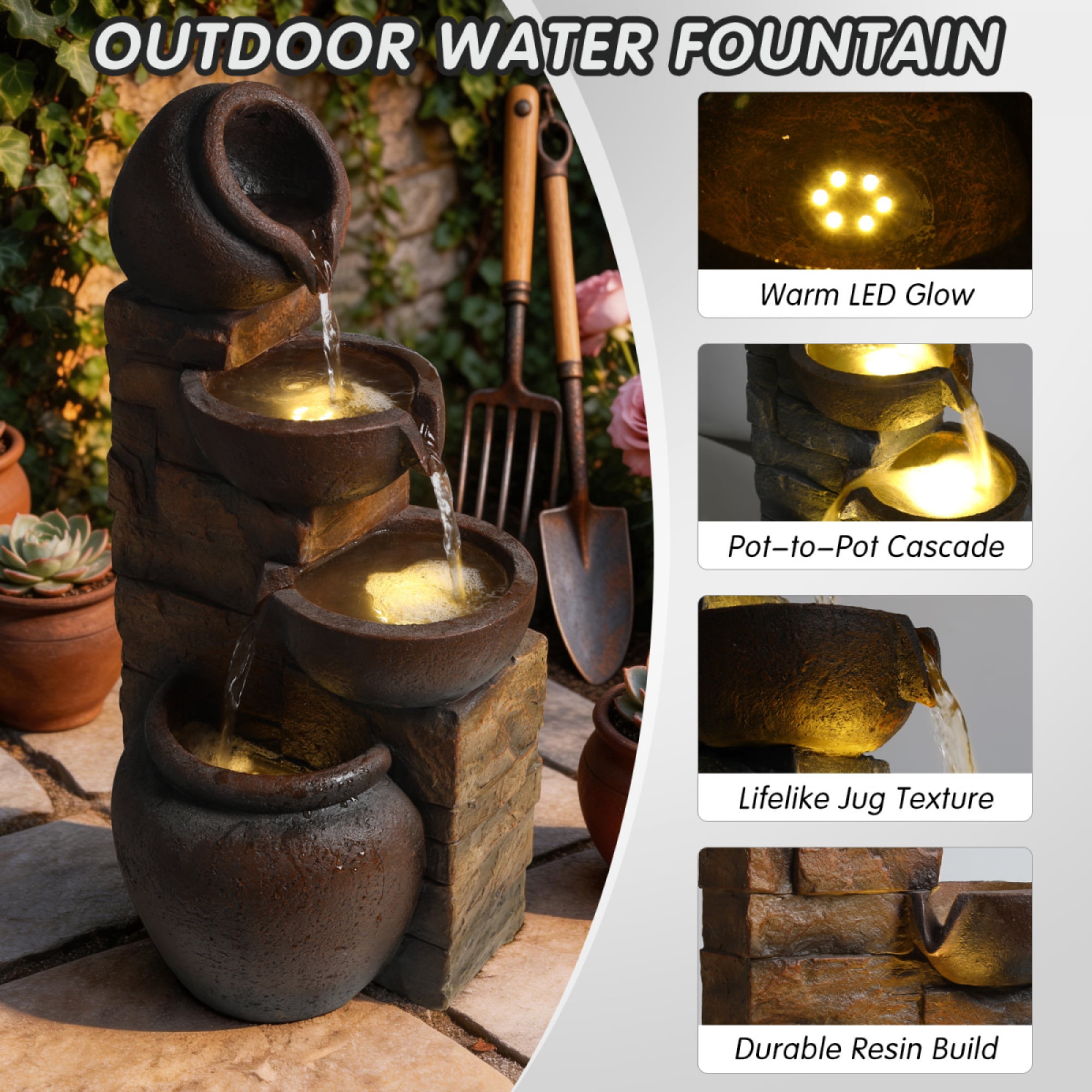 26" Outdoor Water Fountain with LED Lights, 4-Tier Cascading Pottery Jar Waterfall on Faux Stone Wall, Rustic Resin Garden Decor for Patio, Yard and Porch