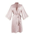 thumbnail image 7 of Arlun Women's Silky Satin Robes for Valentine's Day Elegant Kimono Style Bathrobe with Lace Trim 3/4 Sleeve Lightweight Soft Comfy Knee Length Wrap Nightgown Sleepwear Pink M, 7 of 7