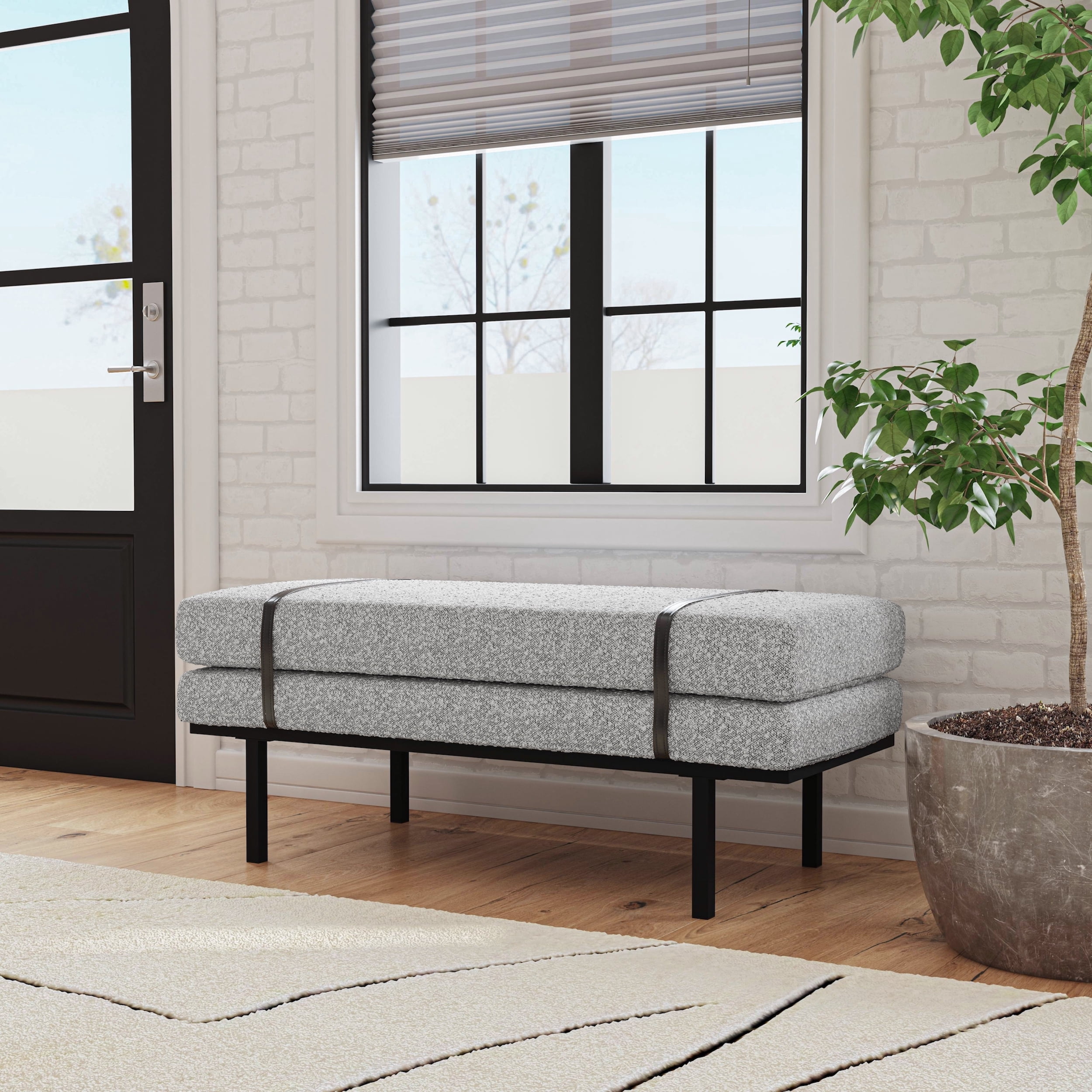 HomePop Modern Industrial Upholstered Bench with Metal Base, 46"W x 20"D x 18"H, White Boucle/Black