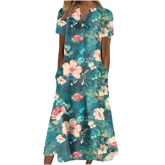 Aloohaidyvio Dresses Plus Size,Womens Summer Casual V-Neck Buttons Short Sleeve with Pocket Printed Swing Dresses
