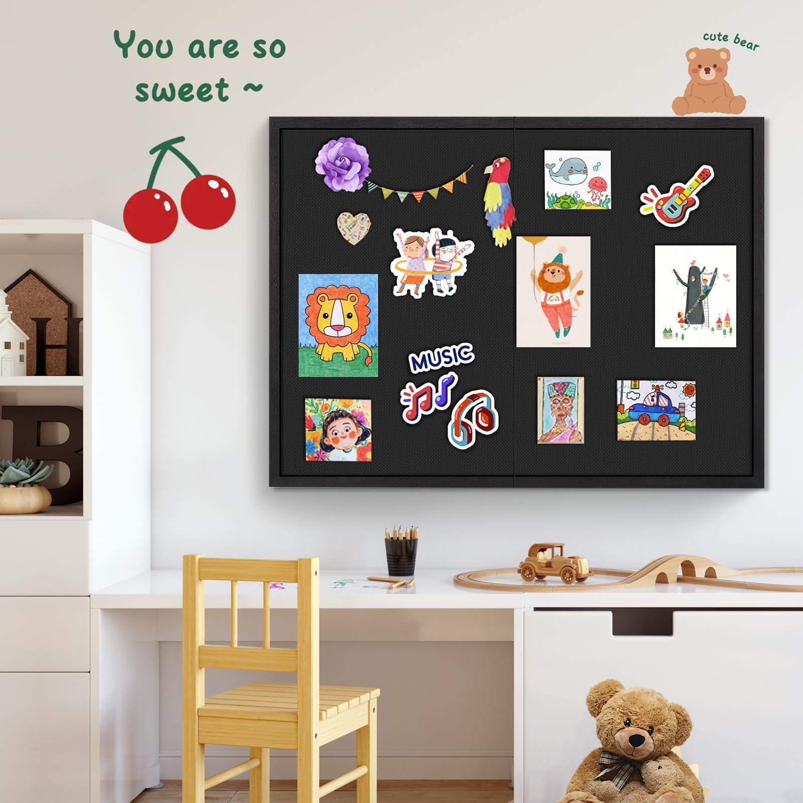 Large Bulletin Board 48x36 inch with Linen Cork Boards Wall Decor Hanging Pin Wood Framed Display Bulletin Cork Photo Picture Board Light for Room School Office 30-Pushpin Black
