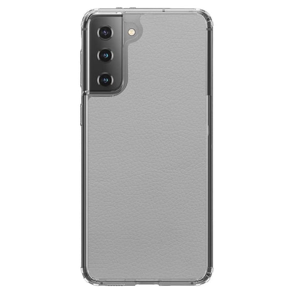 DistinctInk Clear Shockproof Hybrid Case for Galaxy S21  PLUS 5G (6.7" Screen) - TPU Bumper, Acrylic Back, Tempered Glass Screen Protector - Lt Grey Faux Leather Print Design - Faux Leather Image