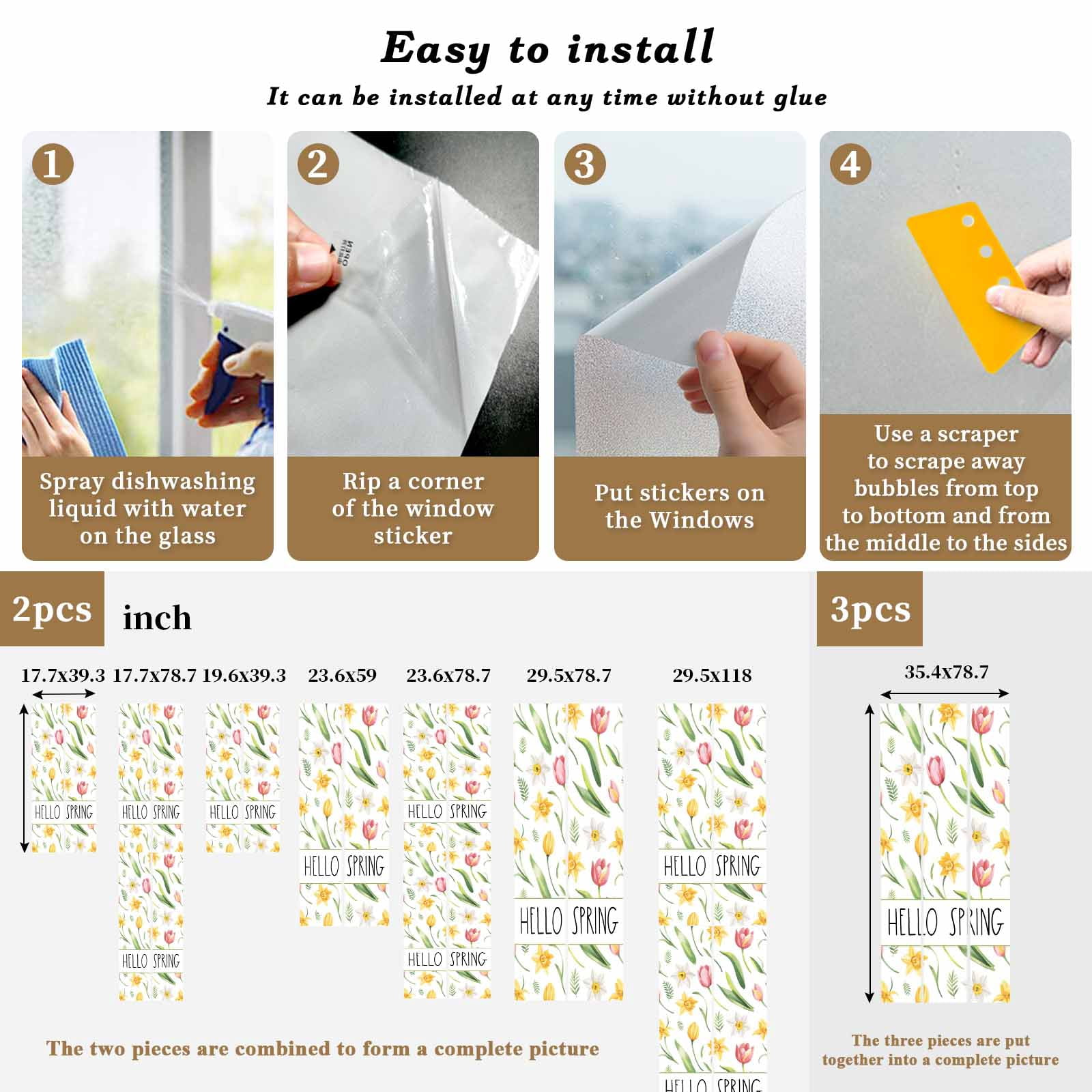 Hello Spring Window Privacy Film, Yellow Pink Tulip Flowers Green Leaf Pastoral Frosted Glass Window Clings Static Cling UV Heat Blocking Reusable Door Sticker for Bathroom 23.6 x 59 Inch