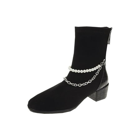 

Sentuca Women s Fashion Pearl Chain Socks Boots Black Mid Heel Short Boots