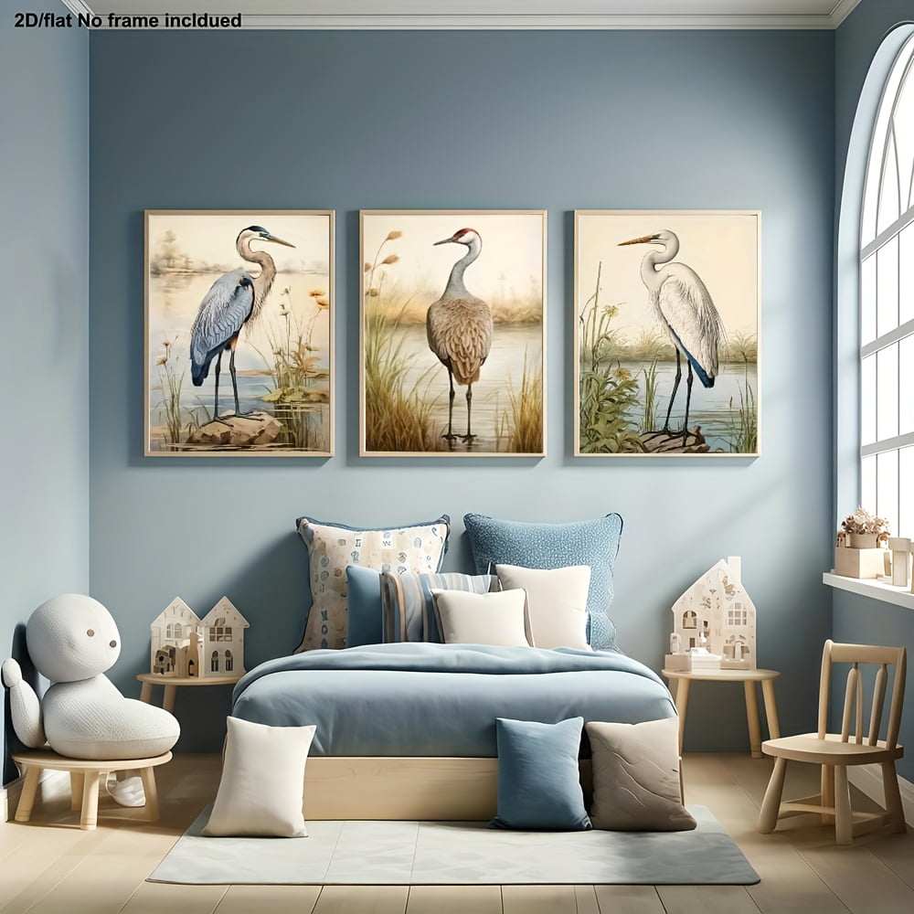 3pcs Room Decor Canvas Art, 2D Frameless Wall Art for Home Decor, Living Room, Bedroom - Coastal Birds Wall Decor, Blue Heron, Great Egret, and Sandhill Crane, Vintage Nature-Inspired Posters, Suita