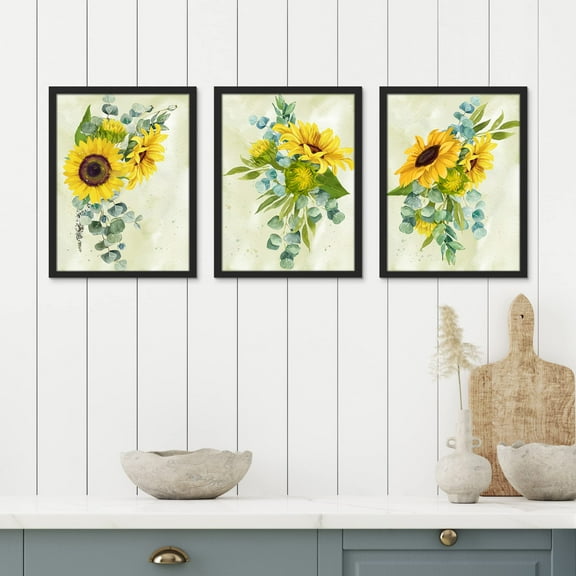 PixonSign Framed Canvas Print Wall Art Set - Trio Sunflower Zen Forest Plant Poster Art - Set of 3 Nature Wilderness Garden Floral Botanical Wall Décor for Living Room - 8"x10" Black