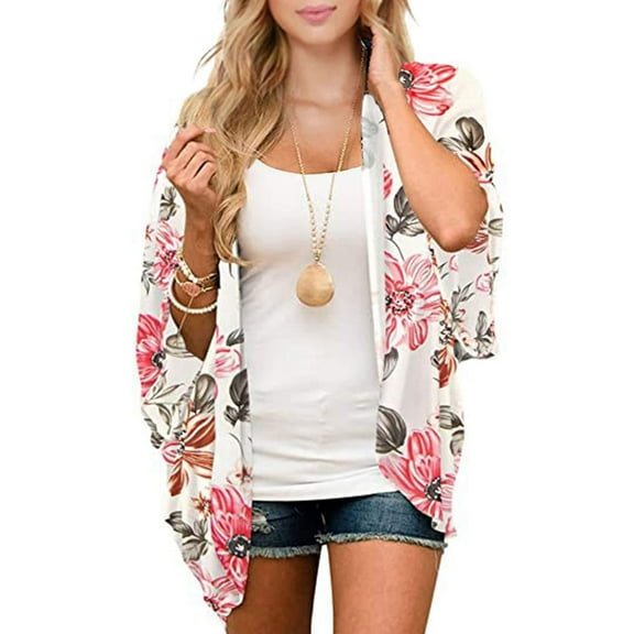Zando Floral Kimono Cardigans for Women Open Front Kimono Cover ups Loose Beach Coverups Floral White XL