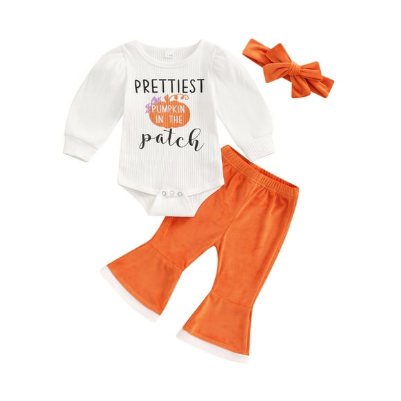 Gupgi Newborn Girl Halloween Outfit Baby Long Sleeve Pumpkin Romper Orange Flared Pants Headband 2Pcs Clothes Set