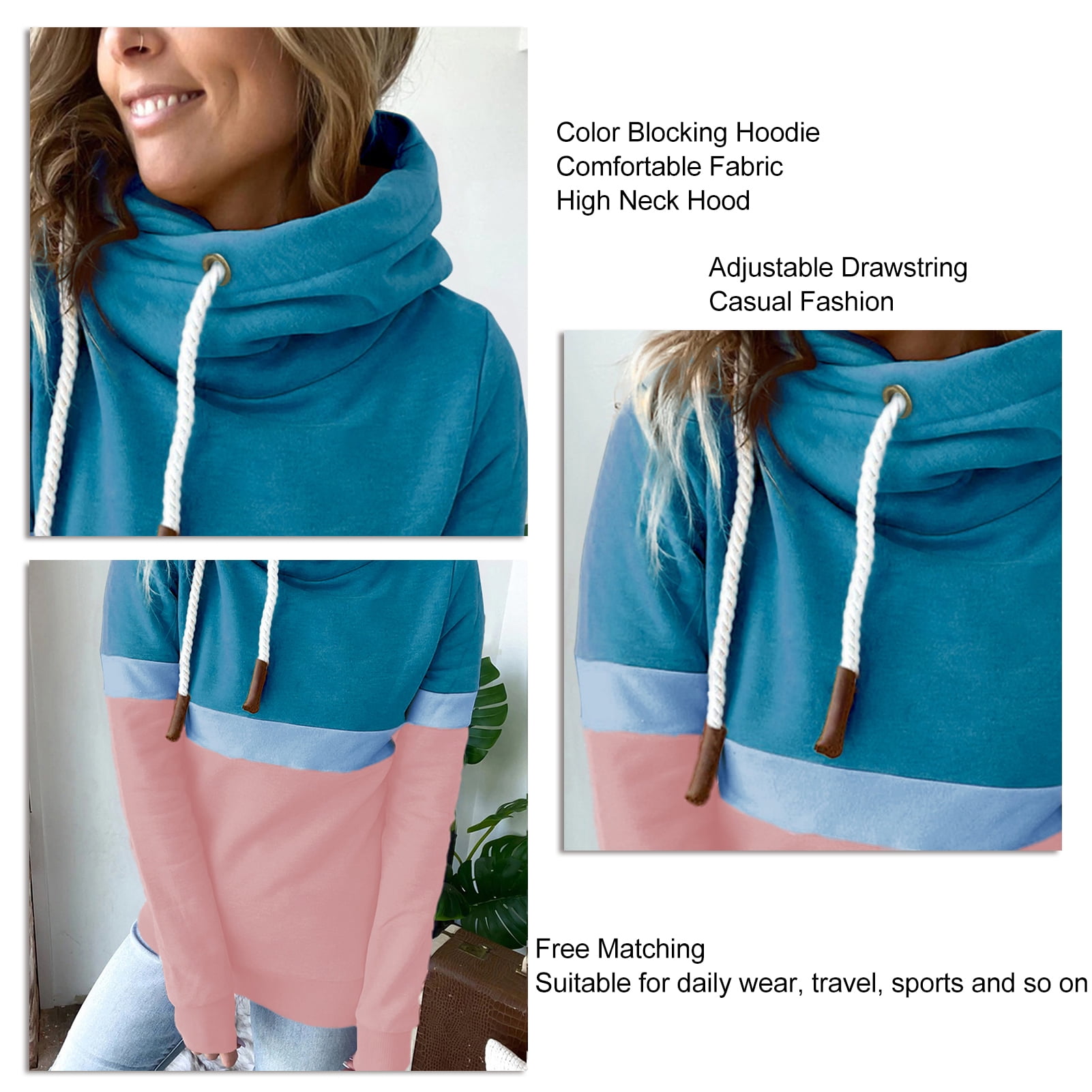 SHAR Women Hoodies Pure Color Block Turtleneck Hoodie Ladies Casual Hoodie for Autumn Winter Lake Blue and Pink L Walmart