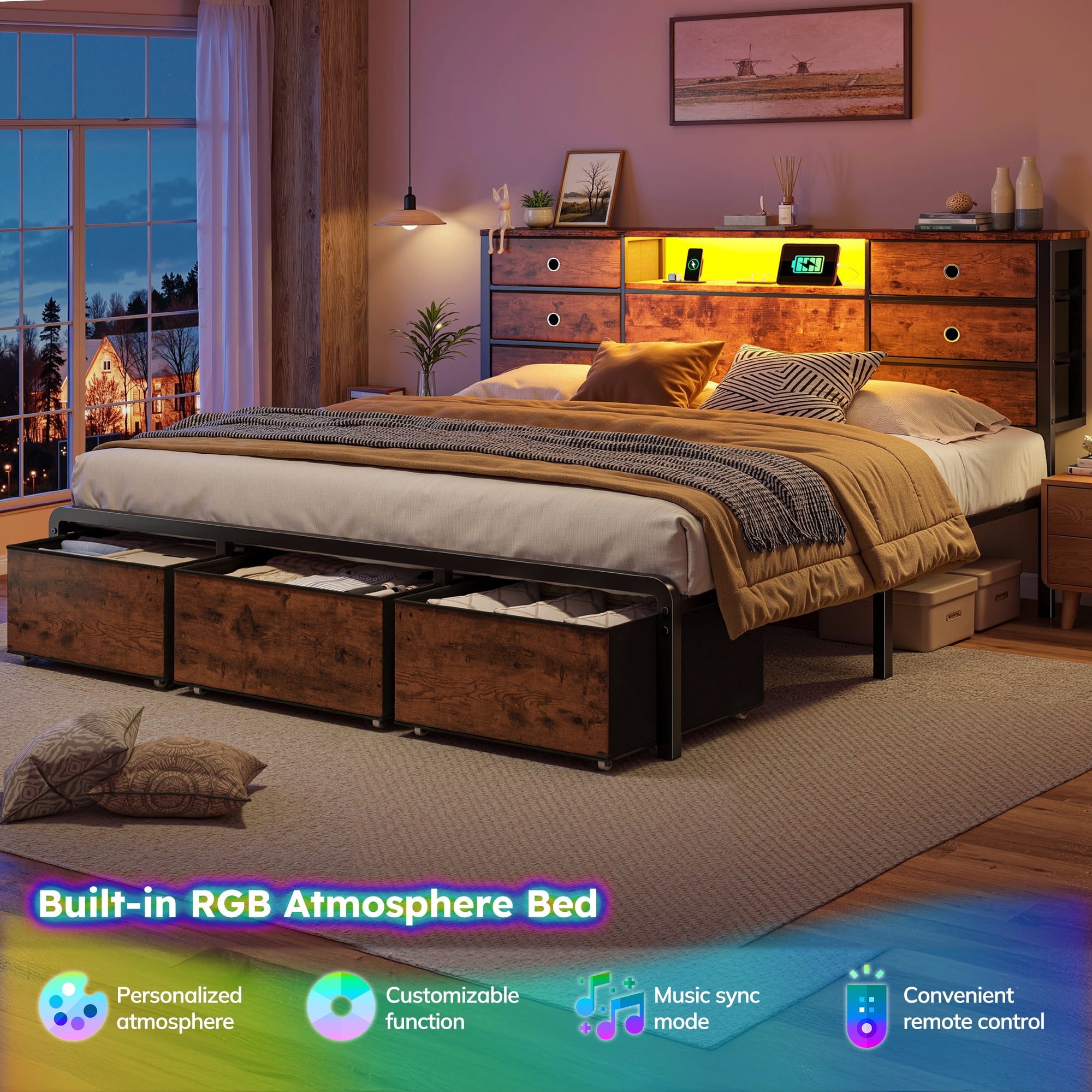 EnHomee Metal Bed Frame with 9 Storage Drawers Metal Bed Frame King with Headboard & LED Light & Charge Station,Rustic Brown