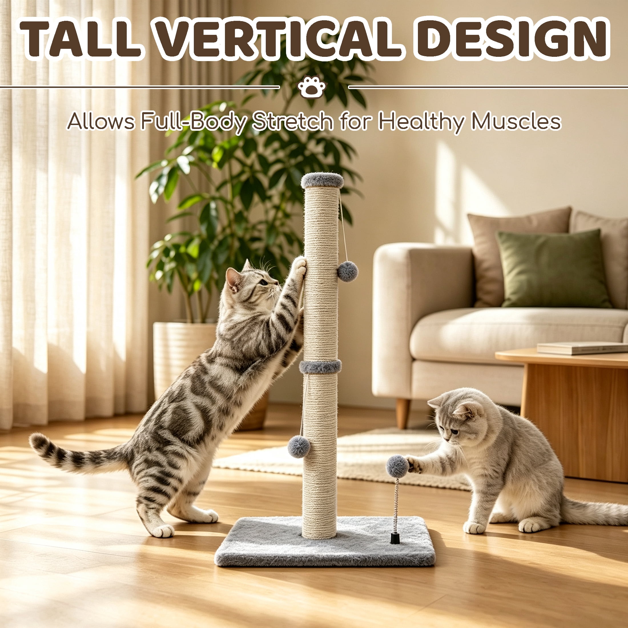 GARITIN Cat Scratching Post, 31 Inch Tall Sisal Cat Scratcher with Interactive Plush Toy Balls