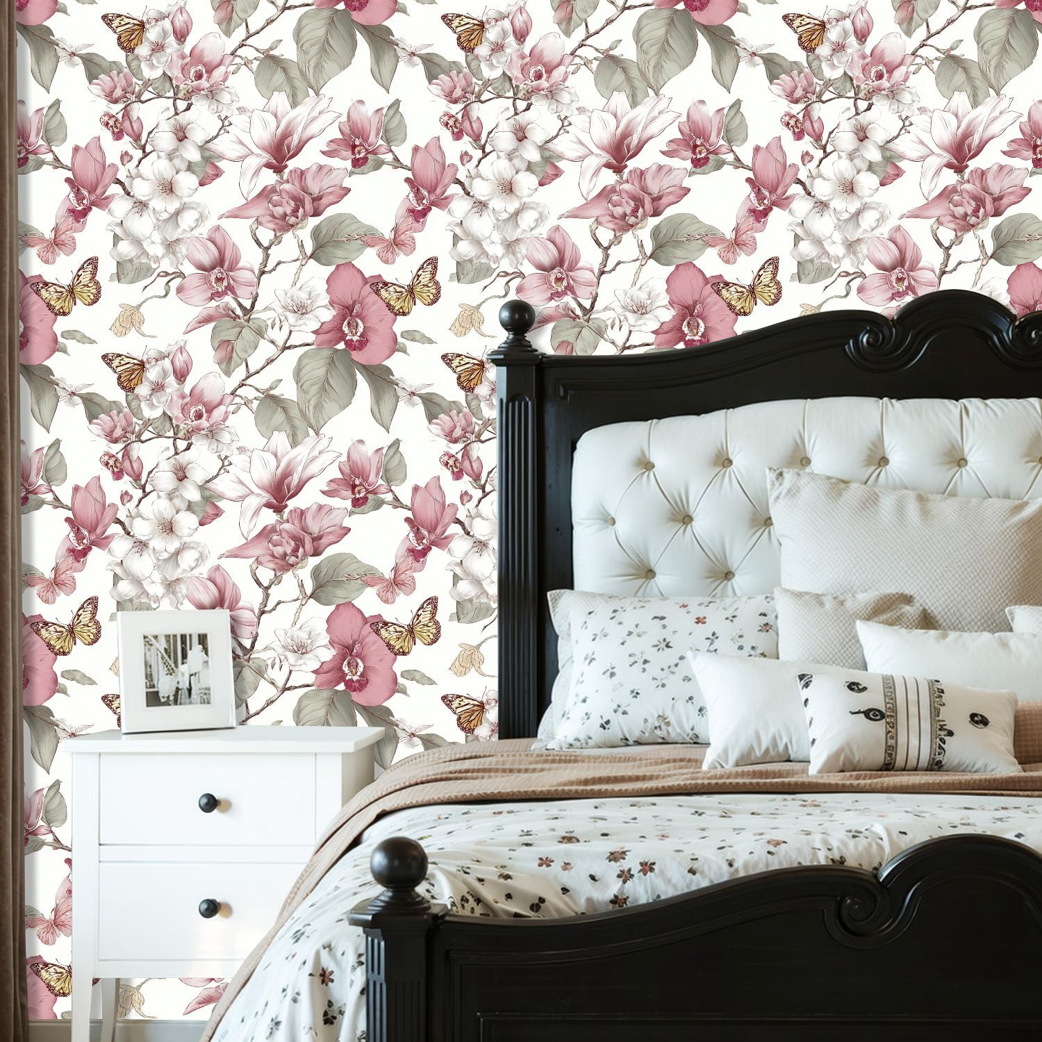Peel and Stick Wallpaper Floral Butterfly Soft Pink White Flowers boho Wall Mural 23.6in x 9.8ft Self Adhesive Removable Wall Paper Renter Friendly Wallpaper for Girls Women Bedroom Livingroom