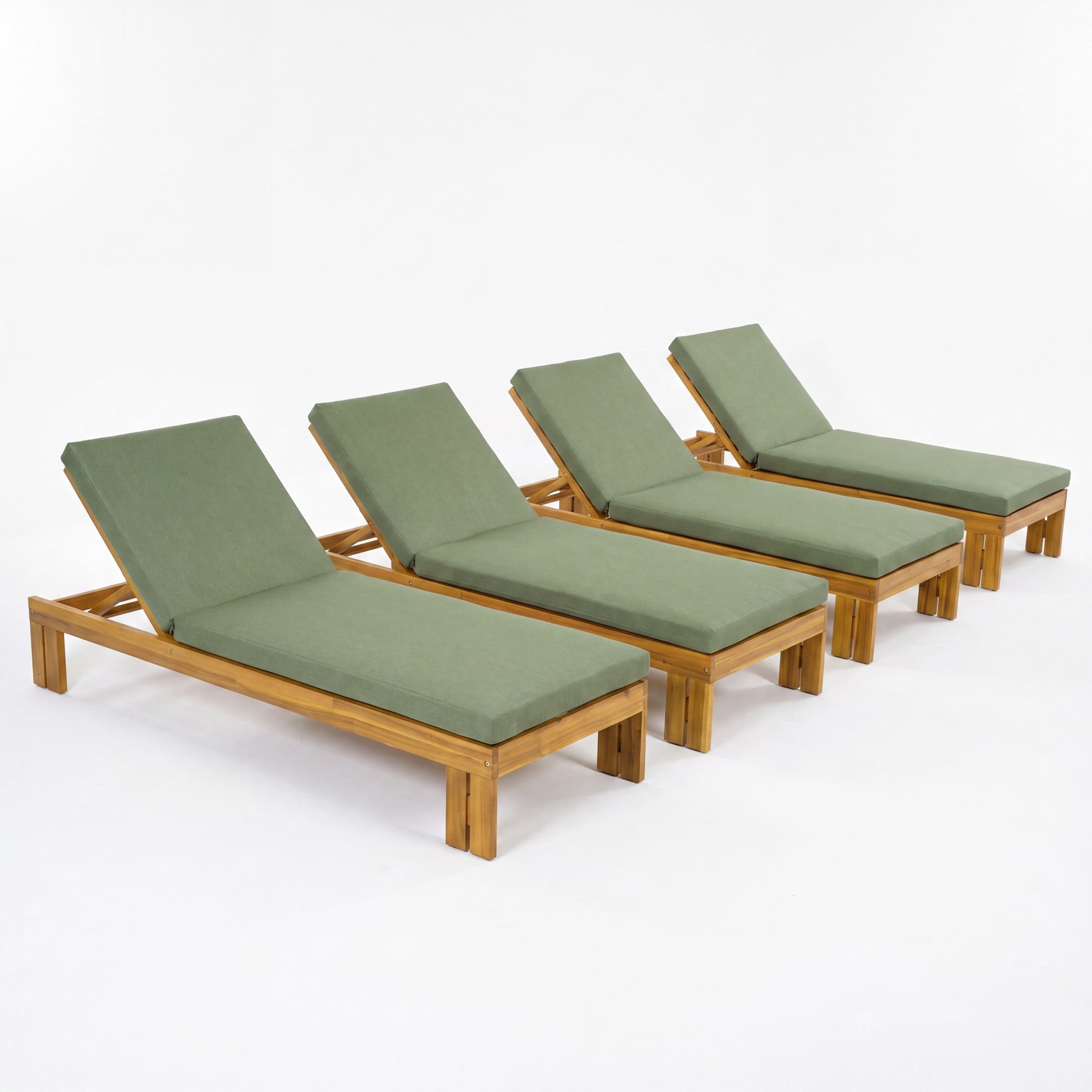 Christopher Knight Home Outdoor Wood Chaise Lounge, Adjustable Backrest and Removable Cushion, Green, Set of 4