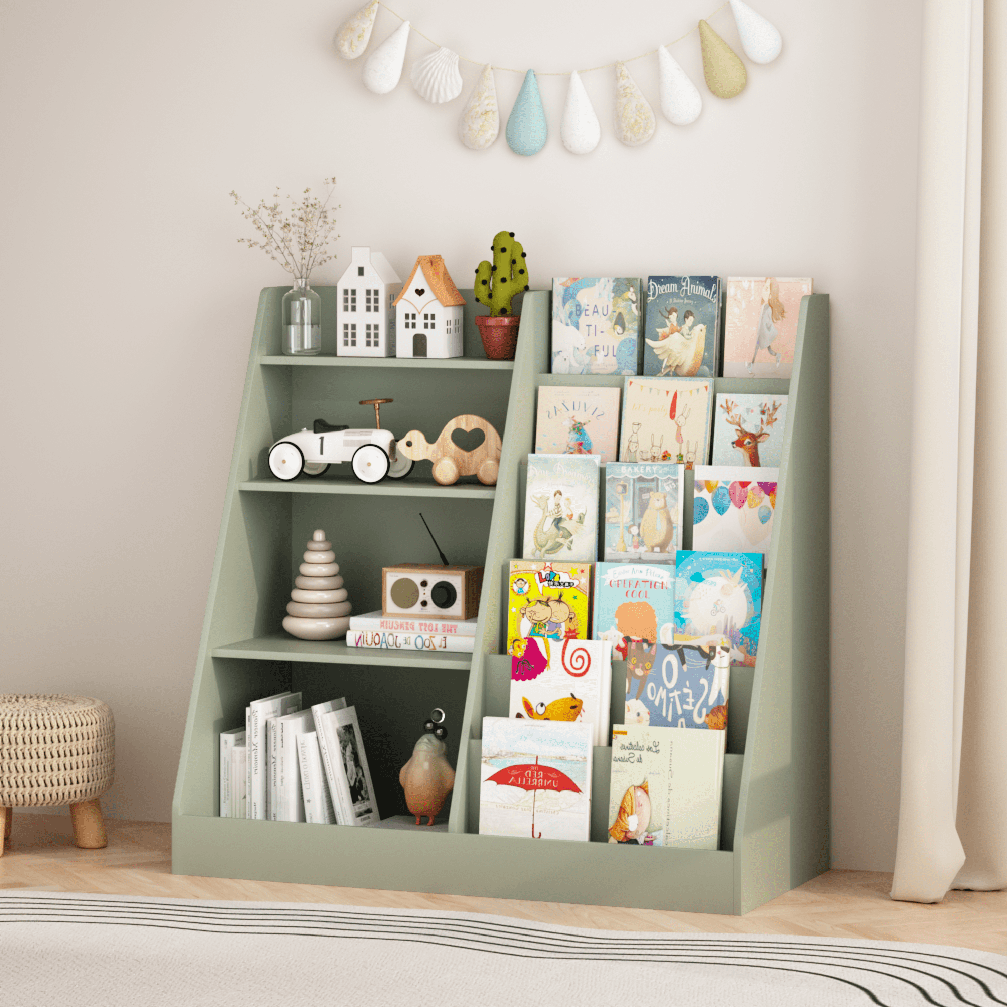 4 Tier Kids Bookshelf and Toy Storage Organizer,Multifunctional Wooden Kids Book Shelf with Bookcase Display Stand for Kids Room,Playroom,Green