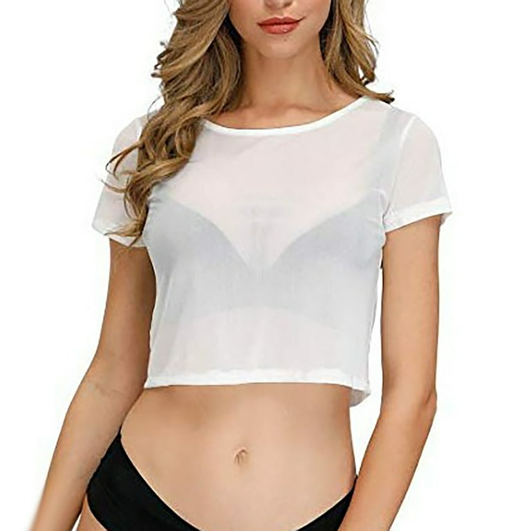 Tnhcen Women's Summer Lace Crewneck Sexy Sheer Tops | Short Sleeve