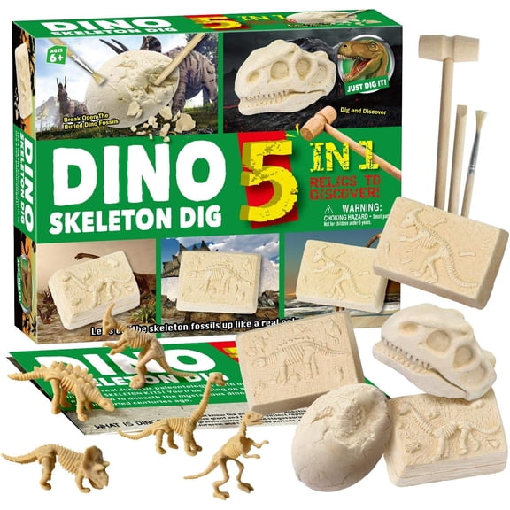 Piano Potato 5-in-1 Dinosaur Fossil Digging Kit, Dig Up 5 Dino Skeletons with T-Rex, Triceratops, Stegosaurus, Brachiosaurus, and Velociraptor Skeletons, Archeology Gift for Age   6 