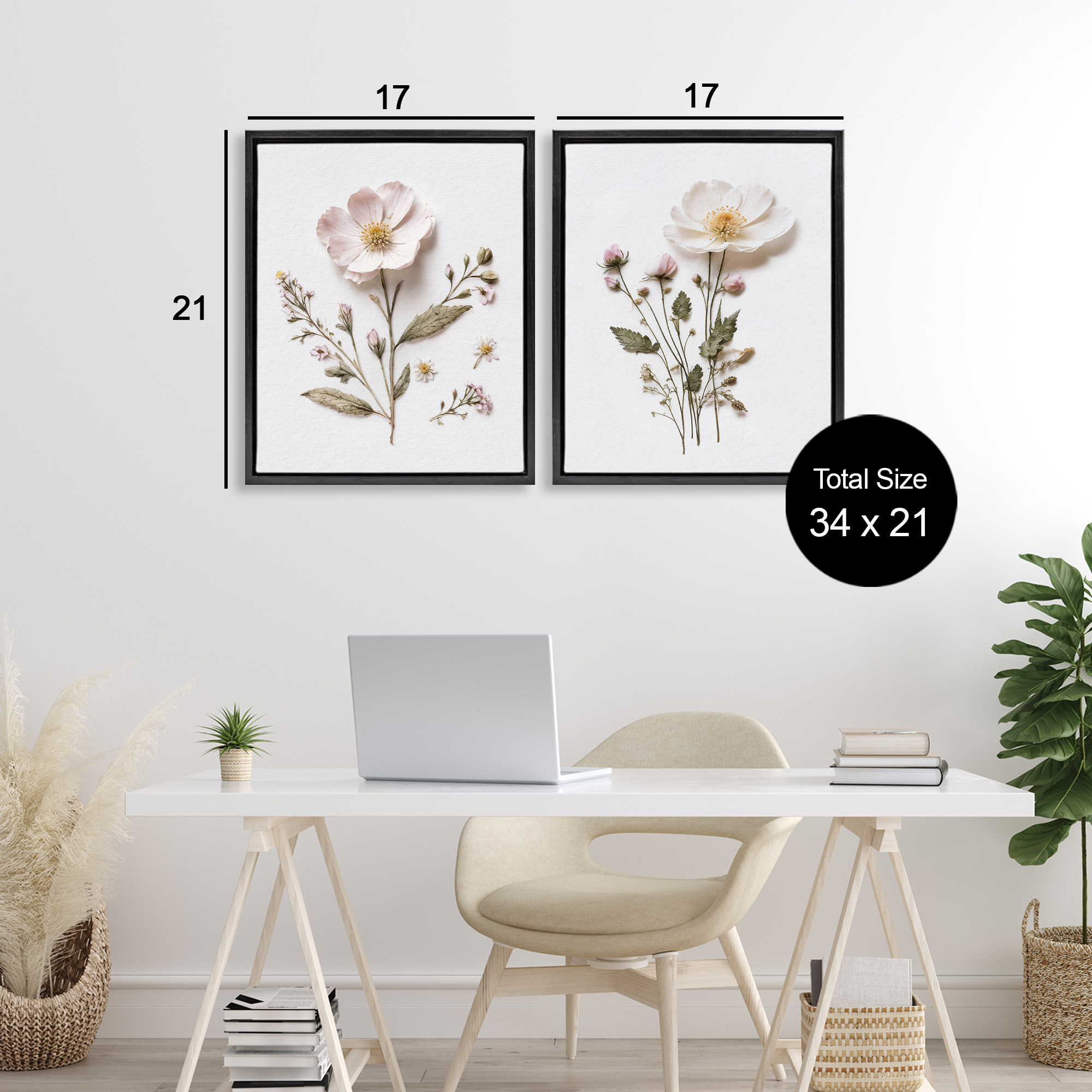 Minimal Pressed Flowers 2 Piece Black Framed Floater Canvas Set, design by Lettered and Lined