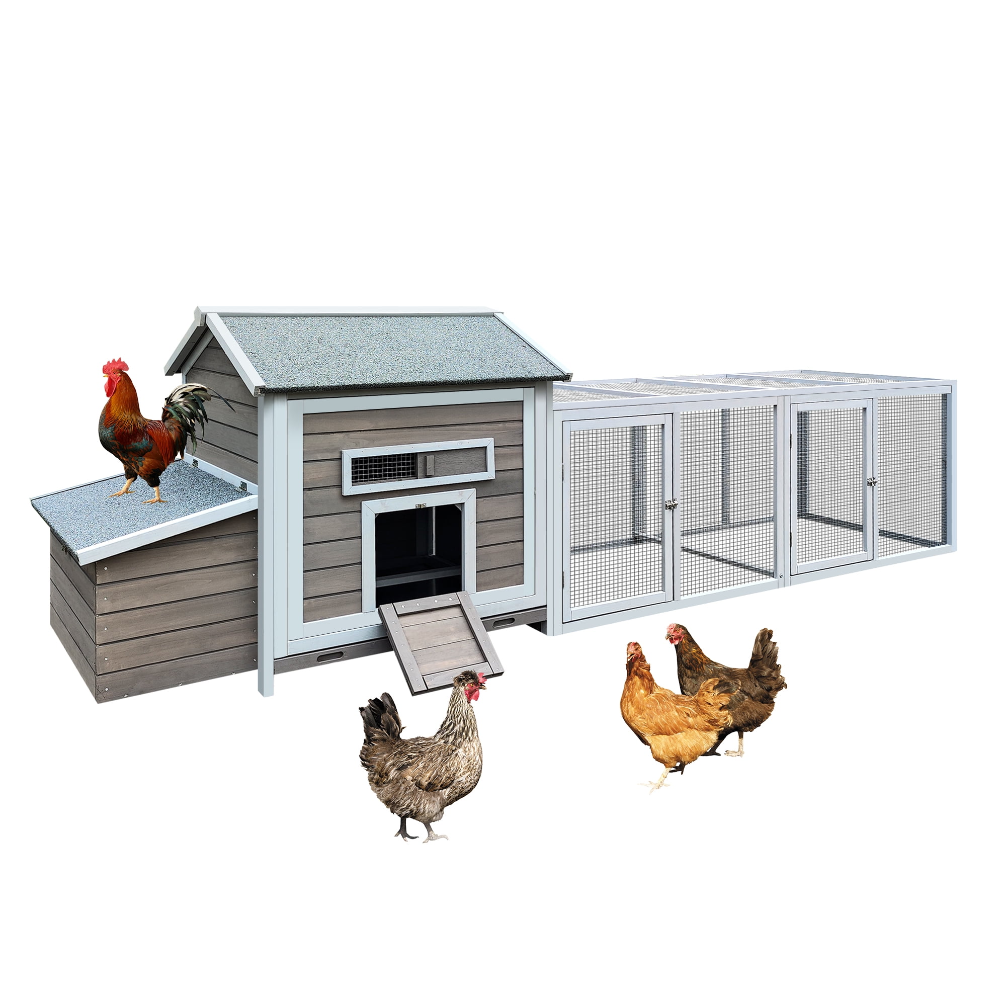 Chicken Coop Outdoor Hen House, Poultry Cage with Nesting Box and Free-Range Doors, Leakproof Pull-Out Tray and Ventilated Window, Solid Wood Large Chicken Run for Backyard, 118 Inch Gray