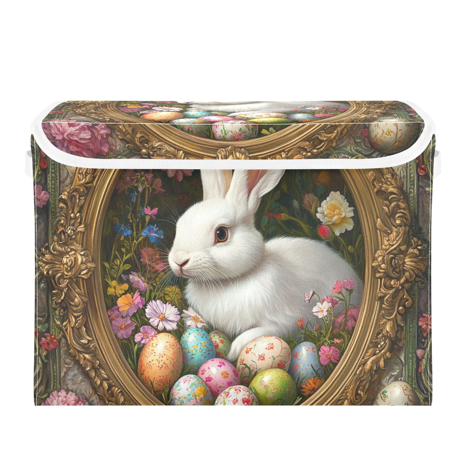 Rabbit Easter Eggs Flowers Storage Basket for Shelves Foldable Container Organizer for Organizing Toys Clothes Books with Handles