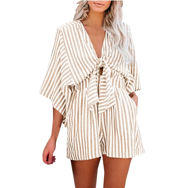 Puntoco Pantalones cortos de salón para mujer Mono corto informal de manga corta con cintura baja y escote en V a rayas para mujer