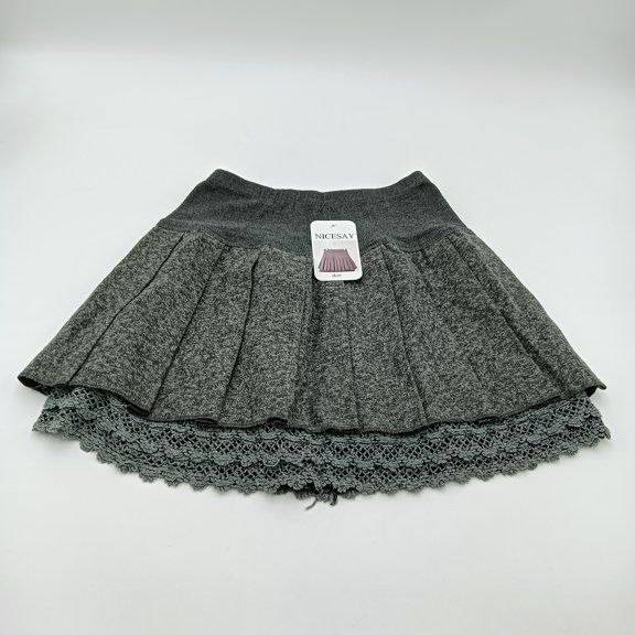 NICESAY skirt Women's Casual Pleated Skirt with Lace Trim, Gray, Elastic Waistband