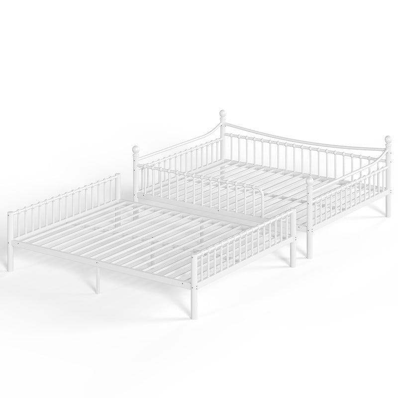 Queen over Queen Metal Bunk Bed with Curved Guardrail, Round Tube Bedpost Detachable Bed Frame for Kids, Teens & Adults