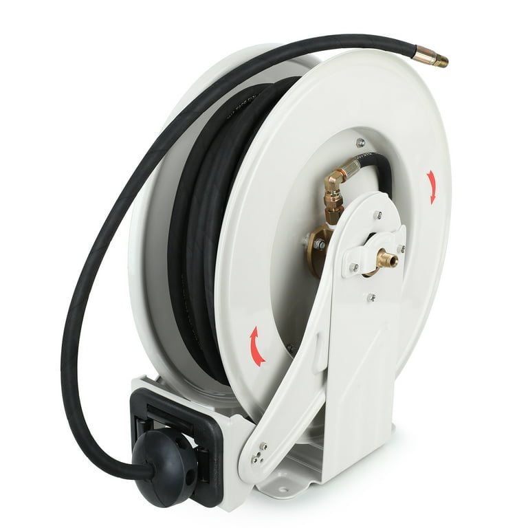 1/4'' x 50 ft Oil Hose Reel Retractable Hose W P 400 BAR Max 5800 PSI  Adjustable Support Arm and Pipe Gripper Spring Driven Steel 