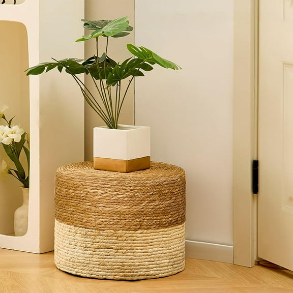 IVV Handmade Woven Seagrass Foot Stool, Round Ottoman with Wooden Frame, Low Floor Seat & Footrest for Living Room, Bedroom, Meditation, Rustic Home Decor - 15.7"Dia x 11.8"H, Natural & Beige