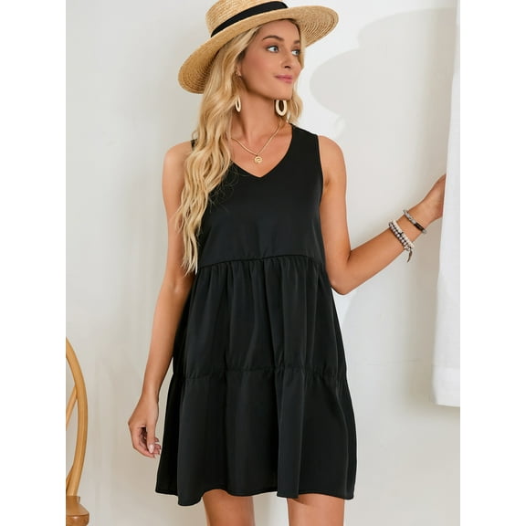 SAYFUT Womens V Neck Sleeveless Knee Length Ruffle Hem Tunic Dress Casual Loose Flowy Swing Shift Dresses Brown/Black/Navy Plus Size S-2XL