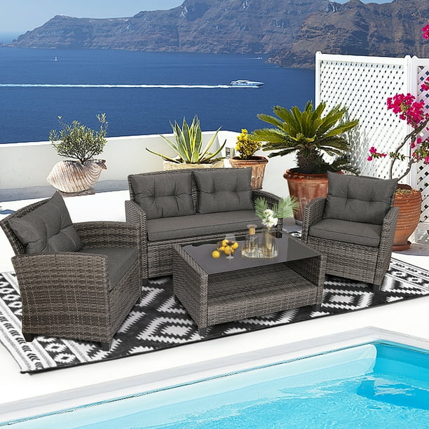 【レア】 BACKYARD／MUDDY MUZIC関連　4枚セット Gymax 4PCS Rattan Patio Conversation Set Cushioned Outdoor