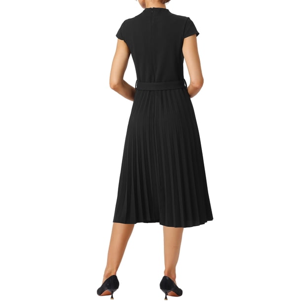 INSPIRE CHIC Women's Pleated Dress Mock Neck Cap Sleeve Belted A