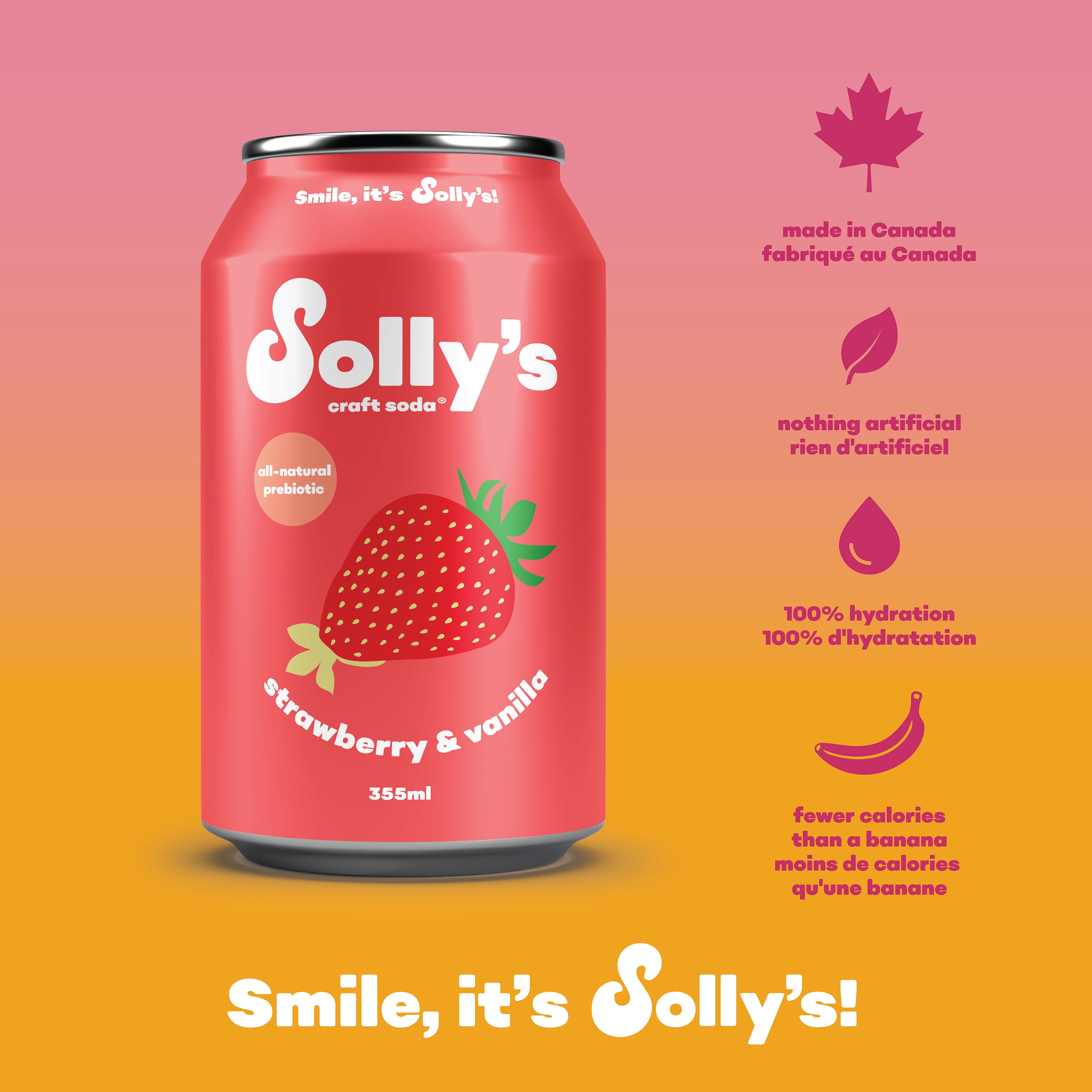 Solly's, Strawberry and Vanilla Prebiotic Craft Soda, 355 ml, 4 pack Cans, 4 x 355 mL