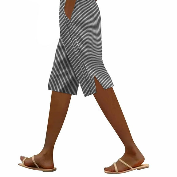 yunLCZ Women's Wide Leg Pants Ladies' Fashionable Casual Striped Side Slit Cotton And Linen Five Quarter Pants