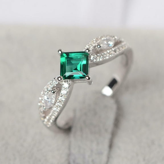 HeartsAndYou 1ct Natural Emerald & Diamond Solitaire Unique Accent Ring 14k SOLID White Gold