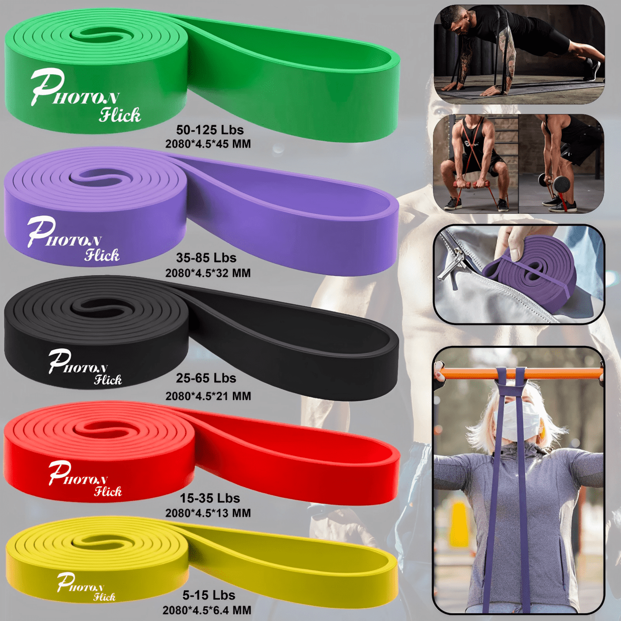 Photon Flick Heavy-Duty Resistance Bands – 5 Strength Levels for Men & Women, Natural Latex, Ideal for Home Workouts, Stretching, and Muscle Toning.
