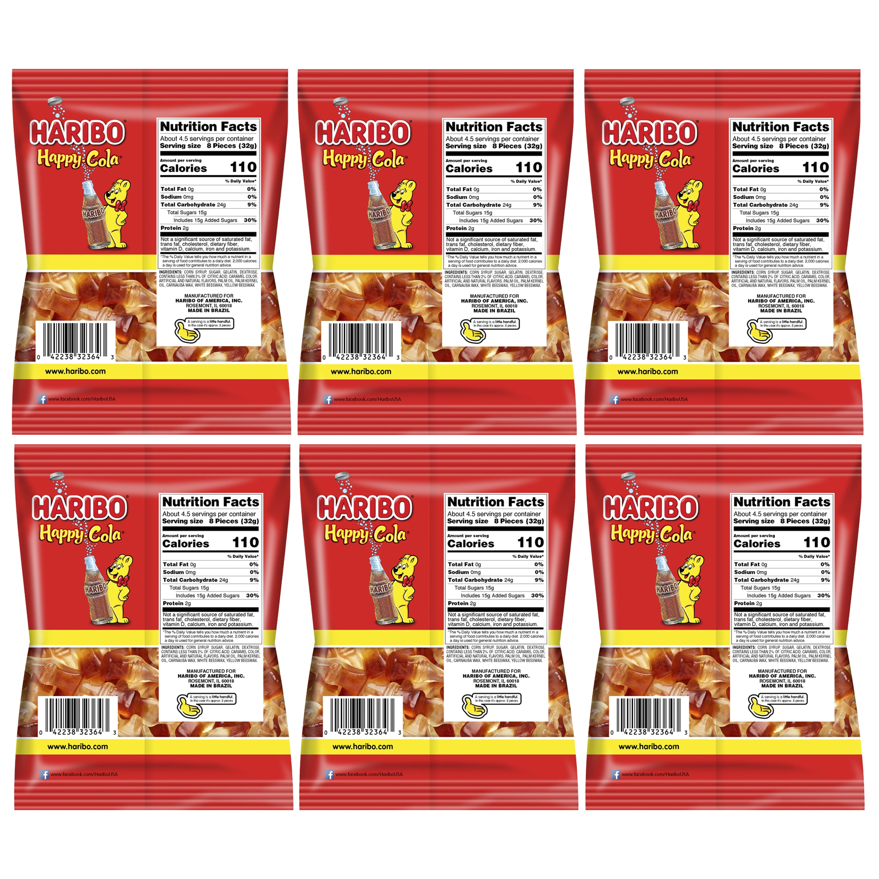 Haribo Happy Cola Gummy Candy Pack of 6 (5oz Bags) American Dulces Candy Pack for Halloween, Easter & More in a King of Sweets Bulk Bag