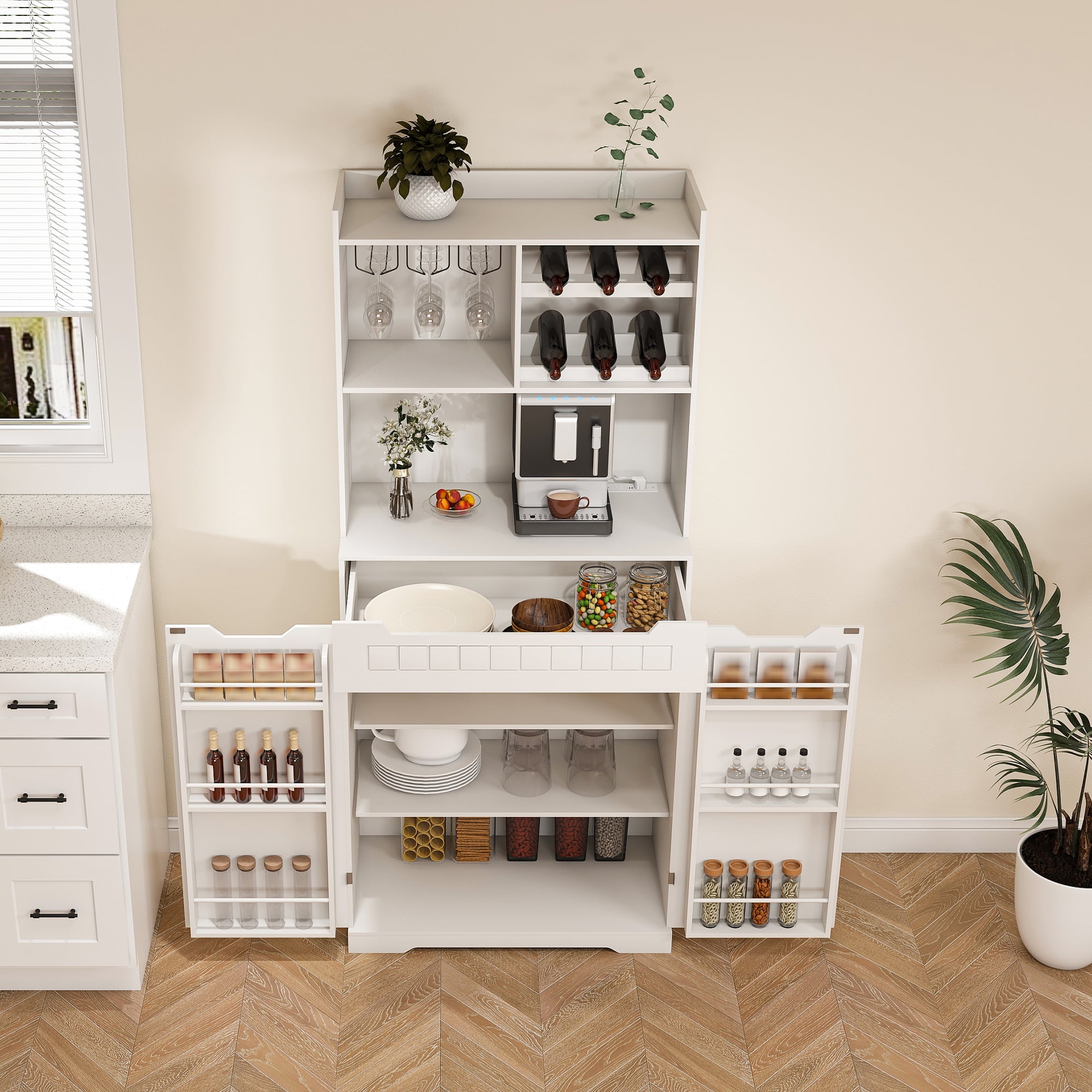 Pantry Hutch, Buffet with Hutch&nbsp;Storage with 2 Cabinets, Anti-Tip Anchors, for Dining Room, White MDF, 70.87 Inch H