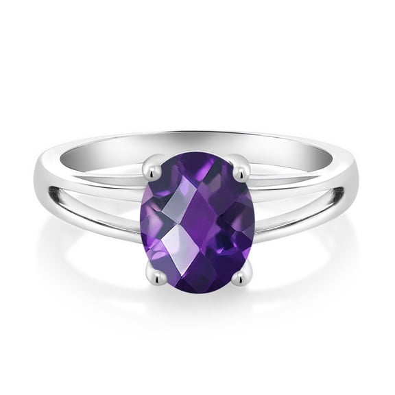 Gem Stone King 1.50 Ct Oval Checkerboard Purple Amethyst 925 Sterling Silver Solitaire Engagement Ring