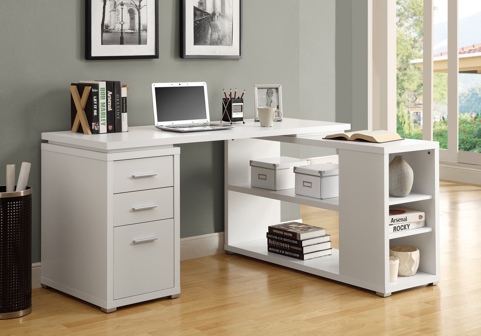 White L-Shape Corner PC Computer Desk Home Office PC Table with 3 Drawers 